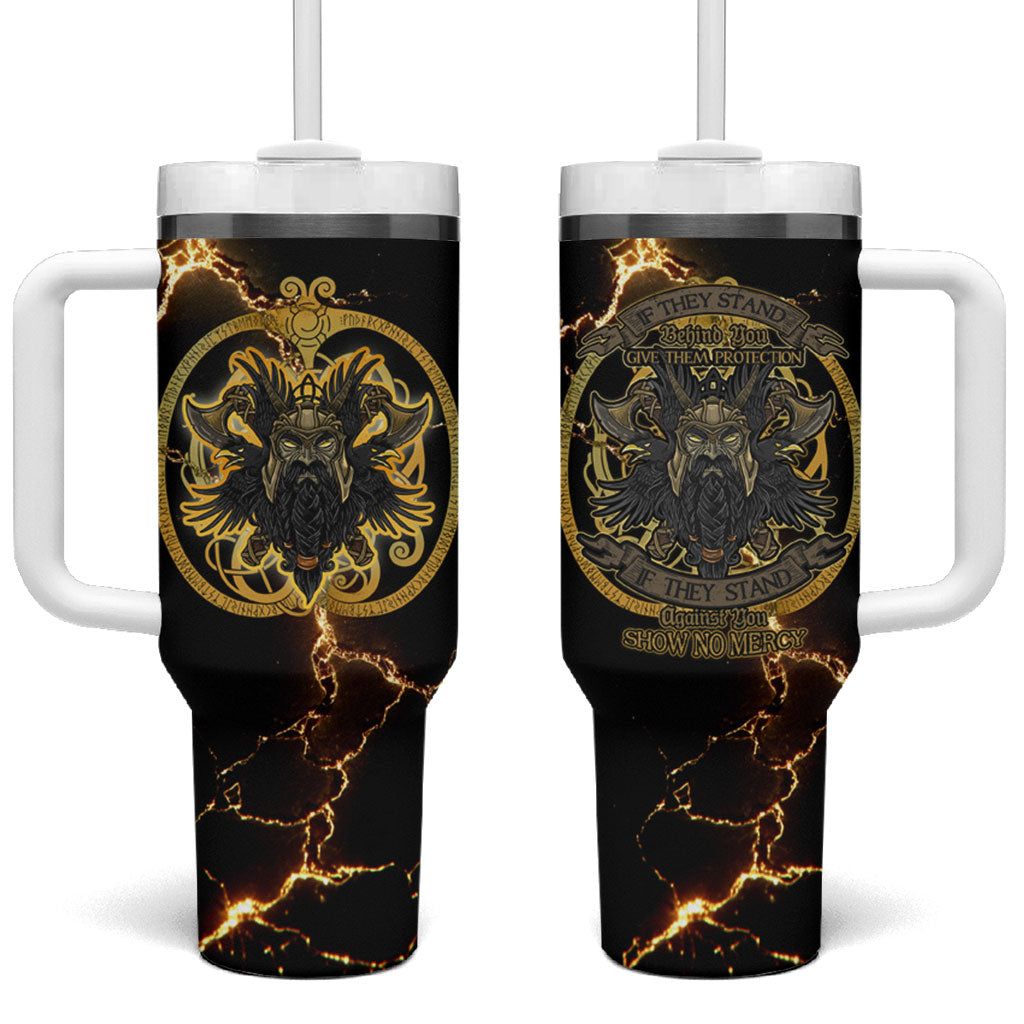 Viking Warrior Guardian Quote Tumbler With Handle Runic Circle Odin Ravens Mythology Dark Gold
