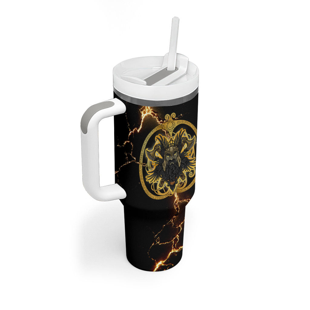 Viking Warrior Guardian Quote Tumbler With Handle Runic Circle Odin Ravens Mythology Dark Gold
