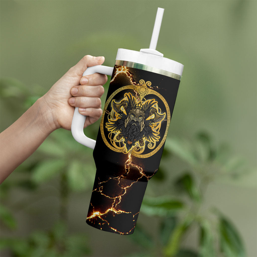 Viking Warrior Guardian Quote Tumbler With Handle Runic Circle Odin Ravens Mythology Dark Gold