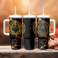 Viking Warrior Guardian Quote Tumbler With Handle Runic Circle Odin Ravens Mythology Dark Gold