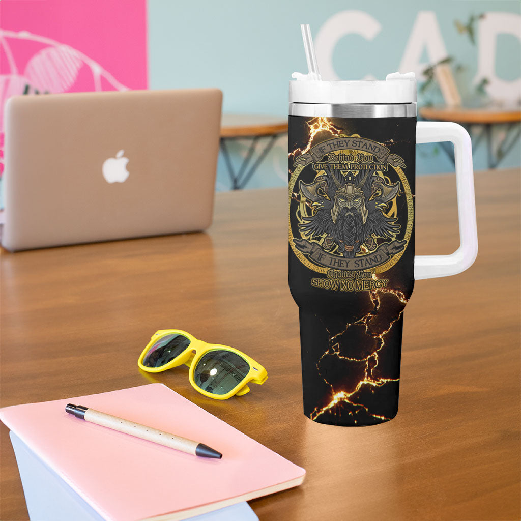 Viking Warrior Guardian Quote Tumbler With Handle Runic Circle Odin Ravens Mythology Dark Gold