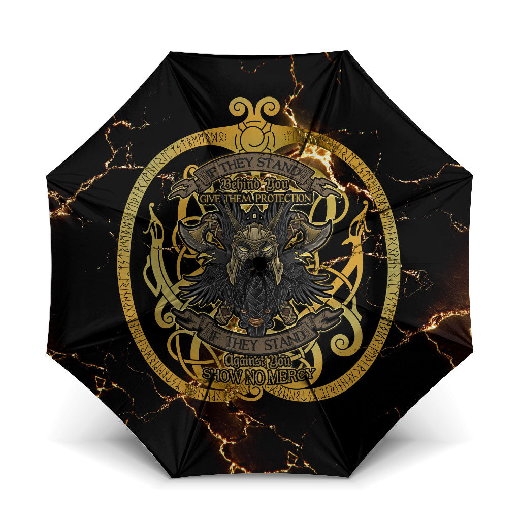 Viking Warrior Guardian Quote Umbrella Runic Circle Odin Ravens Mythology Dark Gold
