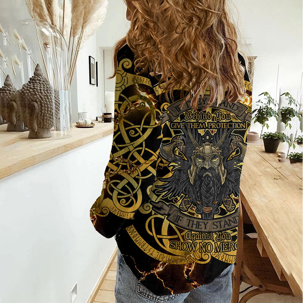 Viking Warrior Guardian Quote Women Casual Shirt Runic Circle Odin Ravens Mythology Dark Gold