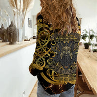 Viking Warrior Guardian Quote Women Casual Shirt Runic Circle Odin Ravens Mythology Dark Gold