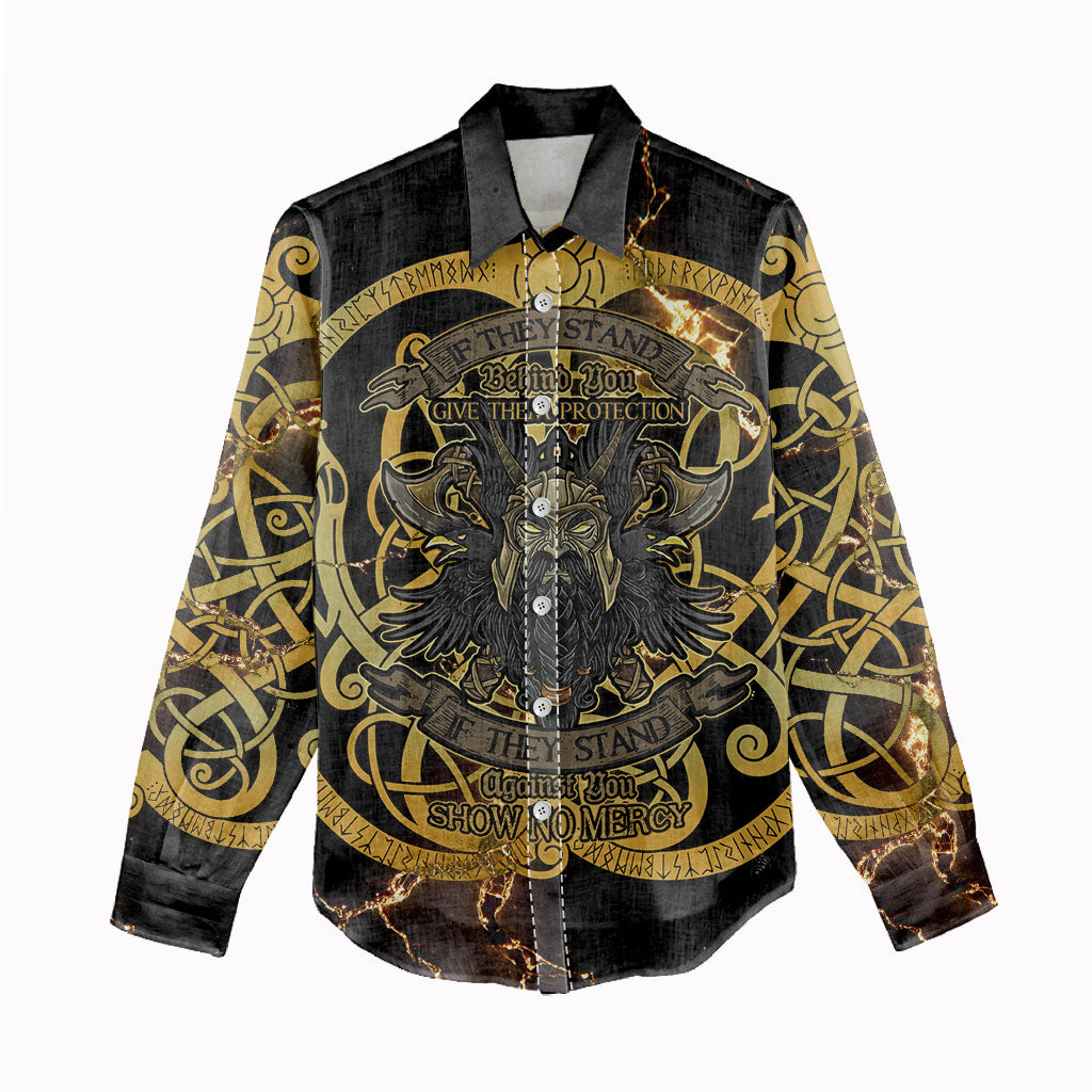 Viking Warrior Guardian Quote Women Casual Shirt Runic Circle Odin Ravens Mythology Dark Gold