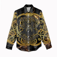 Viking Warrior Guardian Quote Women Casual Shirt Runic Circle Odin Ravens Mythology Dark Gold