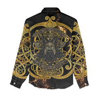 Viking Warrior Guardian Quote Women Casual Shirt Runic Circle Odin Ravens Mythology Dark Gold