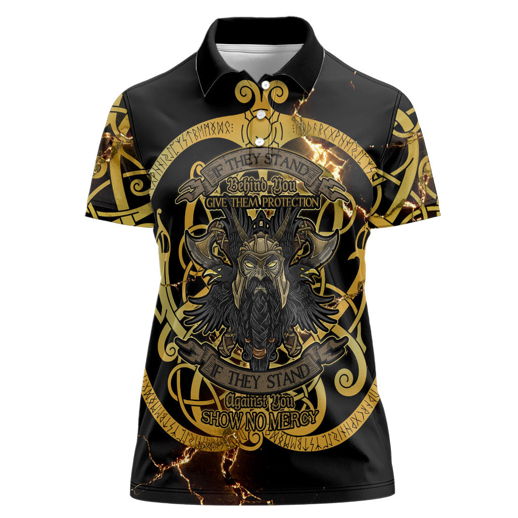 Viking Warrior Guardian Quote Women Polo Shirt Runic Circle Odin Ravens Mythology Dark Gold