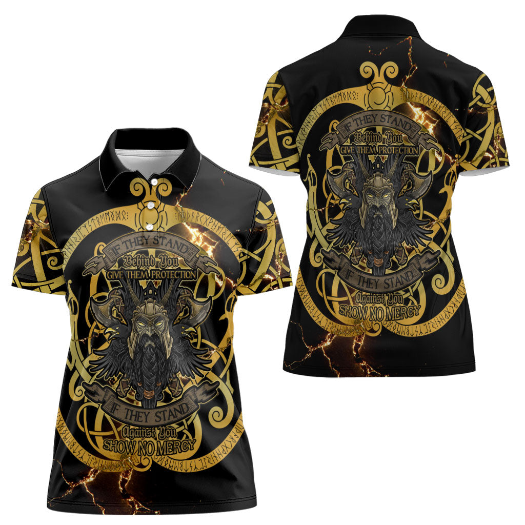 Viking Warrior Guardian Quote Women Polo Shirt Runic Circle Odin Ravens Mythology Dark Gold