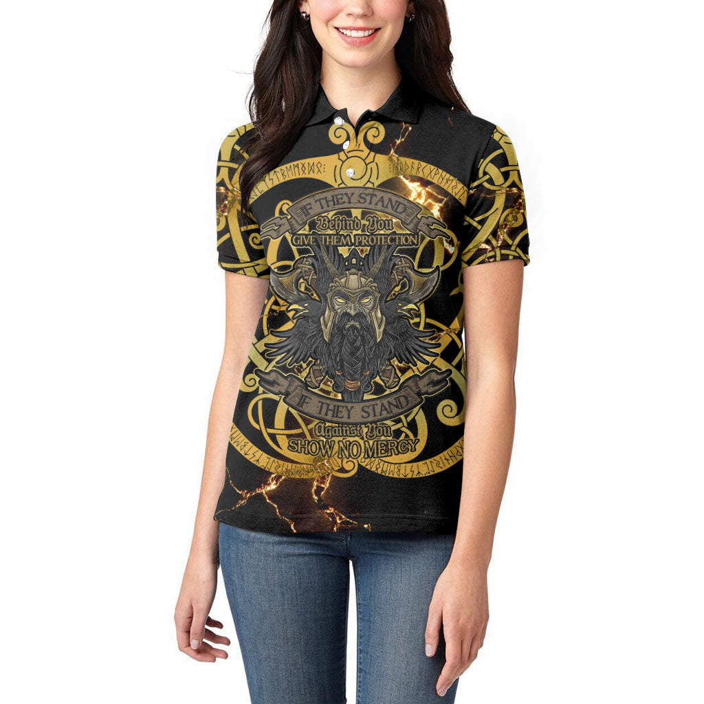 Viking Warrior Guardian Quote Women Polo Shirt Runic Circle Odin Ravens Mythology Dark Gold
