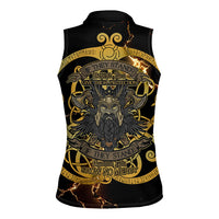 Viking Warrior Guardian Quote Women Sleeveless Polo Shirt Runic Circle Odin Ravens Mythology Dark Gold