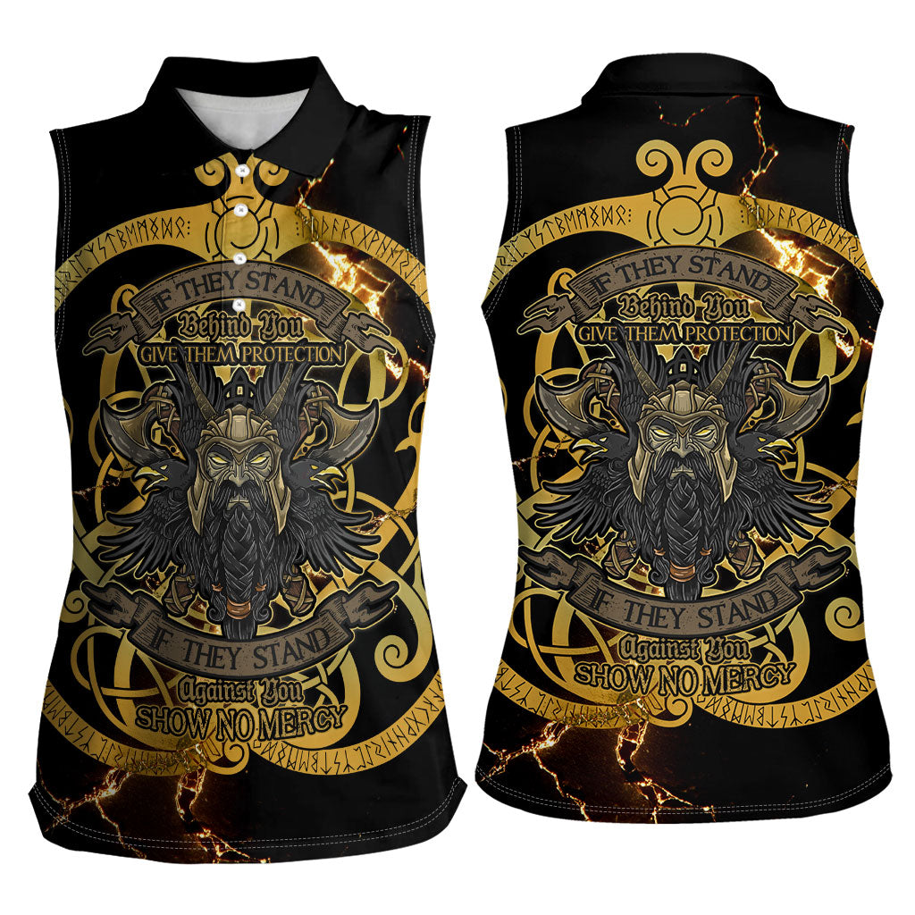 Viking Warrior Guardian Quote Women Sleeveless Polo Shirt Runic Circle Odin Ravens Mythology Dark Gold