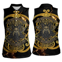 Viking Warrior Guardian Quote Women Sleeveless Polo Shirt Runic Circle Odin Ravens Mythology Dark Gold