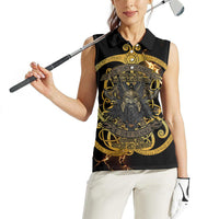 Viking Warrior Guardian Quote Women Sleeveless Polo Shirt Runic Circle Odin Ravens Mythology Dark Gold