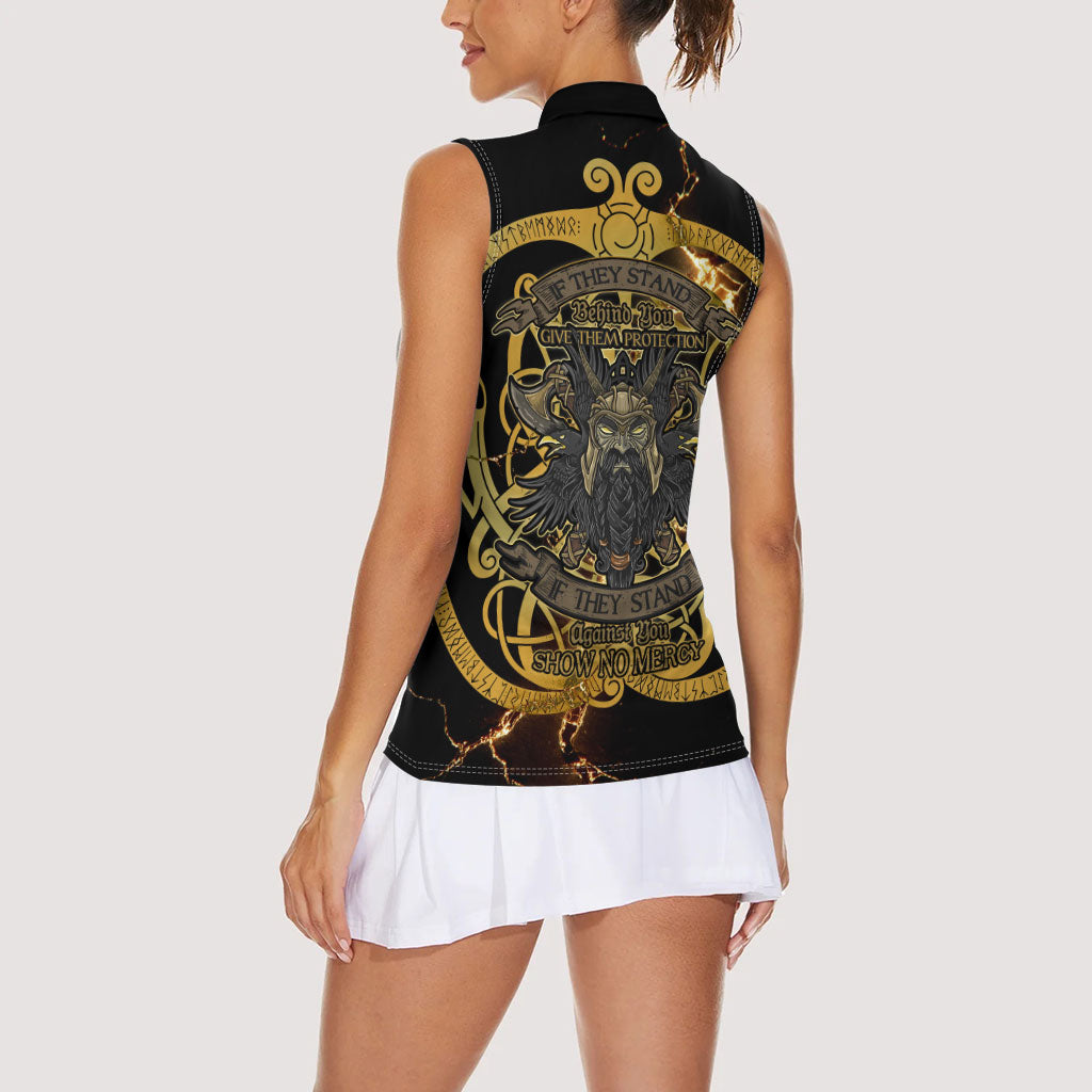 Viking Warrior Guardian Quote Women Sleeveless Polo Shirt Runic Circle Odin Ravens Mythology Dark Gold
