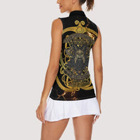 Viking Warrior Guardian Quote Women Sleeveless Polo Shirt Runic Circle Odin Ravens Mythology Dark Gold