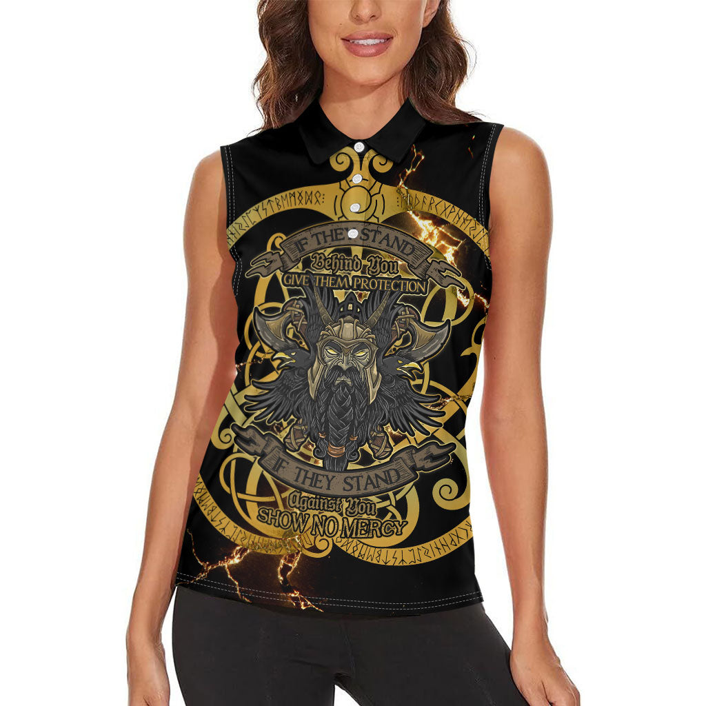Viking Warrior Guardian Quote Women Sleeveless Polo Shirt Runic Circle Odin Ravens Mythology Dark Gold