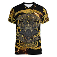 Viking Warrior Guardian Quote Women V-Neck T-Shirt Runic Circle Odin Ravens Mythology Dark Gold