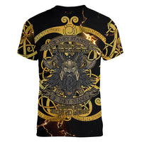 Viking Warrior Guardian Quote Women V-Neck T-Shirt Runic Circle Odin Ravens Mythology Dark Gold