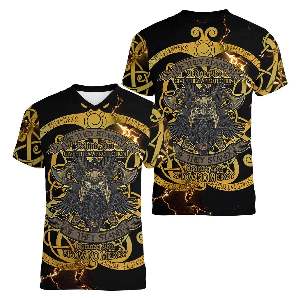 Viking Warrior Guardian Quote Women V-Neck T-Shirt Runic Circle Odin Ravens Mythology Dark Gold