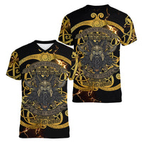 Viking Warrior Guardian Quote Women V-Neck T-Shirt Runic Circle Odin Ravens Mythology Dark Gold