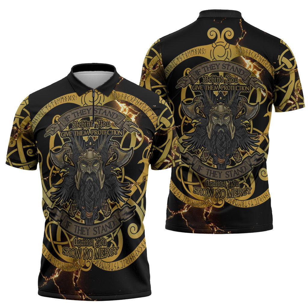 Viking Warrior Guardian Quote Zipper Polo Shirt Runic Circle Odin Ravens Mythology Dark Gold