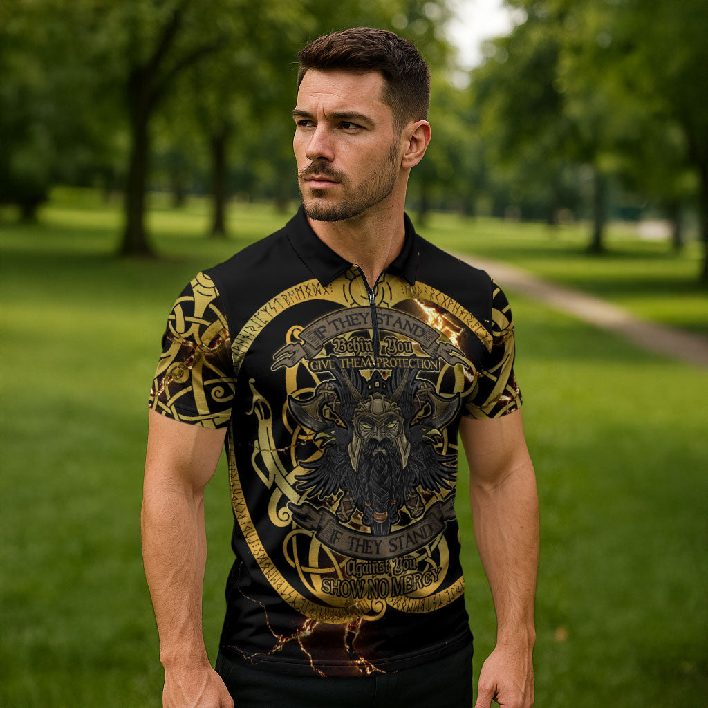 Viking Warrior Guardian Quote Zipper Polo Shirt Runic Circle Odin Ravens Mythology Dark Gold