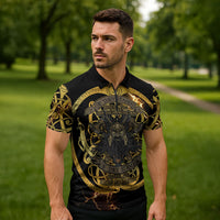 Viking Warrior Guardian Quote Zipper Polo Shirt Runic Circle Odin Ravens Mythology Dark Gold