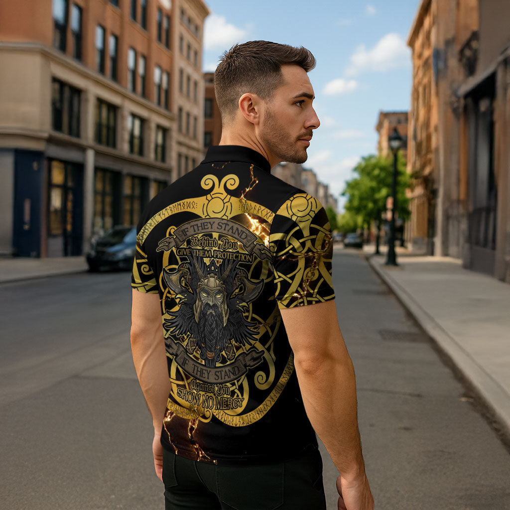 Viking Warrior Guardian Quote Zipper Polo Shirt Runic Circle Odin Ravens Mythology Dark Gold