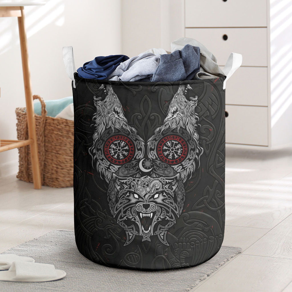 Fenrir Wolf and Vegvisir Viking Laundry Basket Nordic Celtic Knotwork Black and Red Tribal Art
