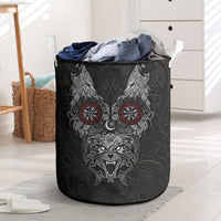 Fenrir Wolf and Vegvisir Viking Laundry Basket Nordic Celtic Knotwork Black and Red Tribal Art