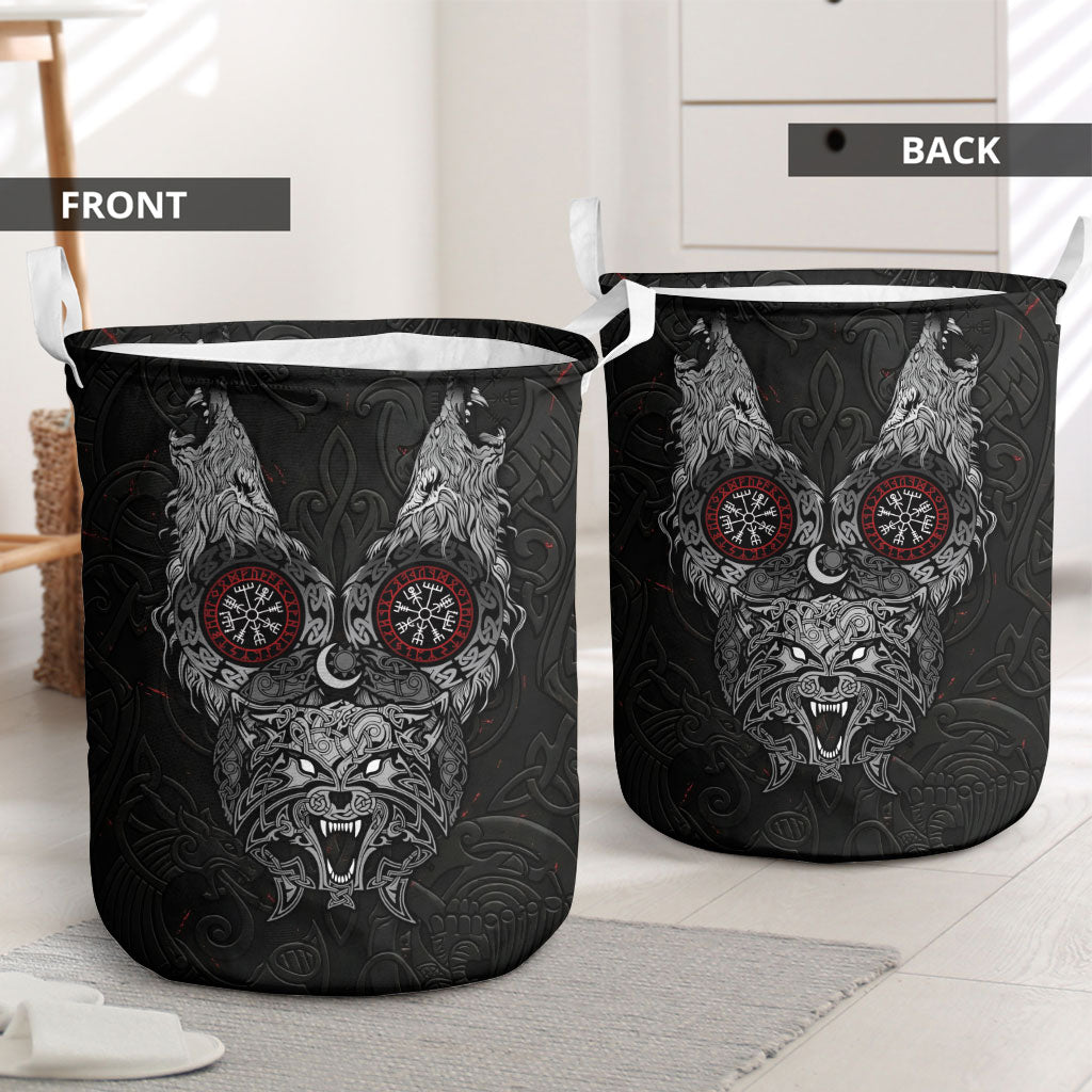 Fenrir Wolf and Vegvisir Viking Laundry Basket Nordic Celtic Knotwork Black and Red Tribal Art