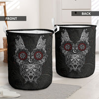 Fenrir Wolf and Vegvisir Viking Laundry Basket Nordic Celtic Knotwork Black and Red Tribal Art