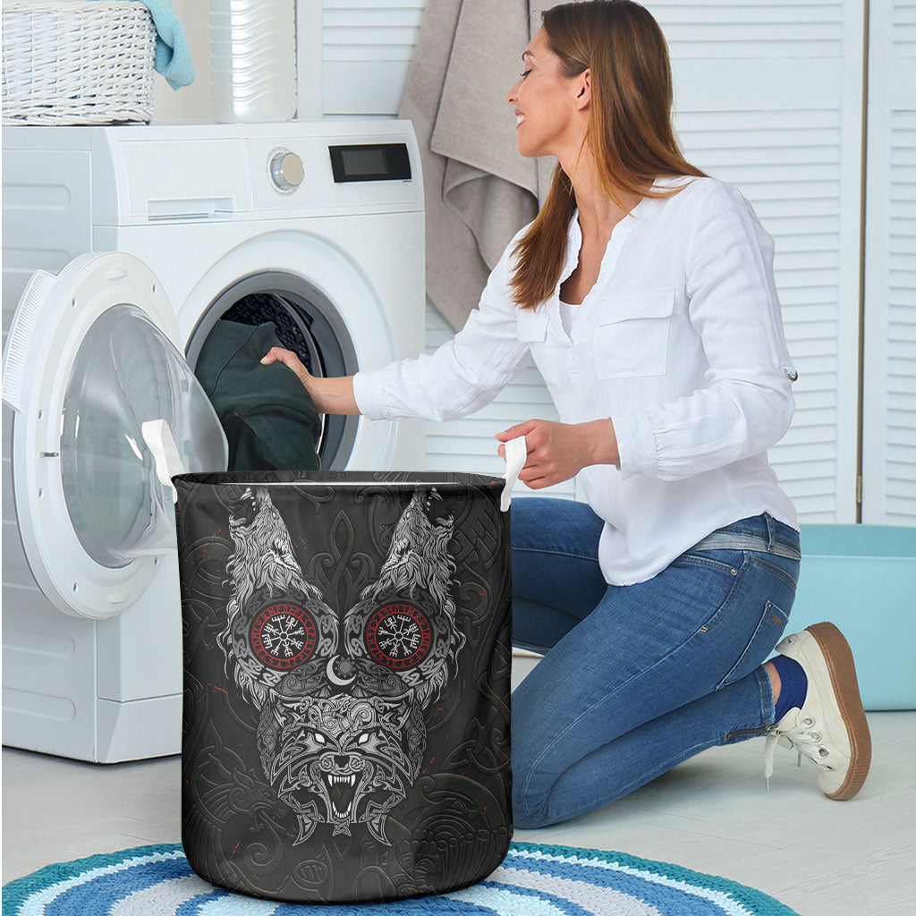 Fenrir Wolf and Vegvisir Viking Laundry Basket Nordic Celtic Knotwork Black and Red Tribal Art