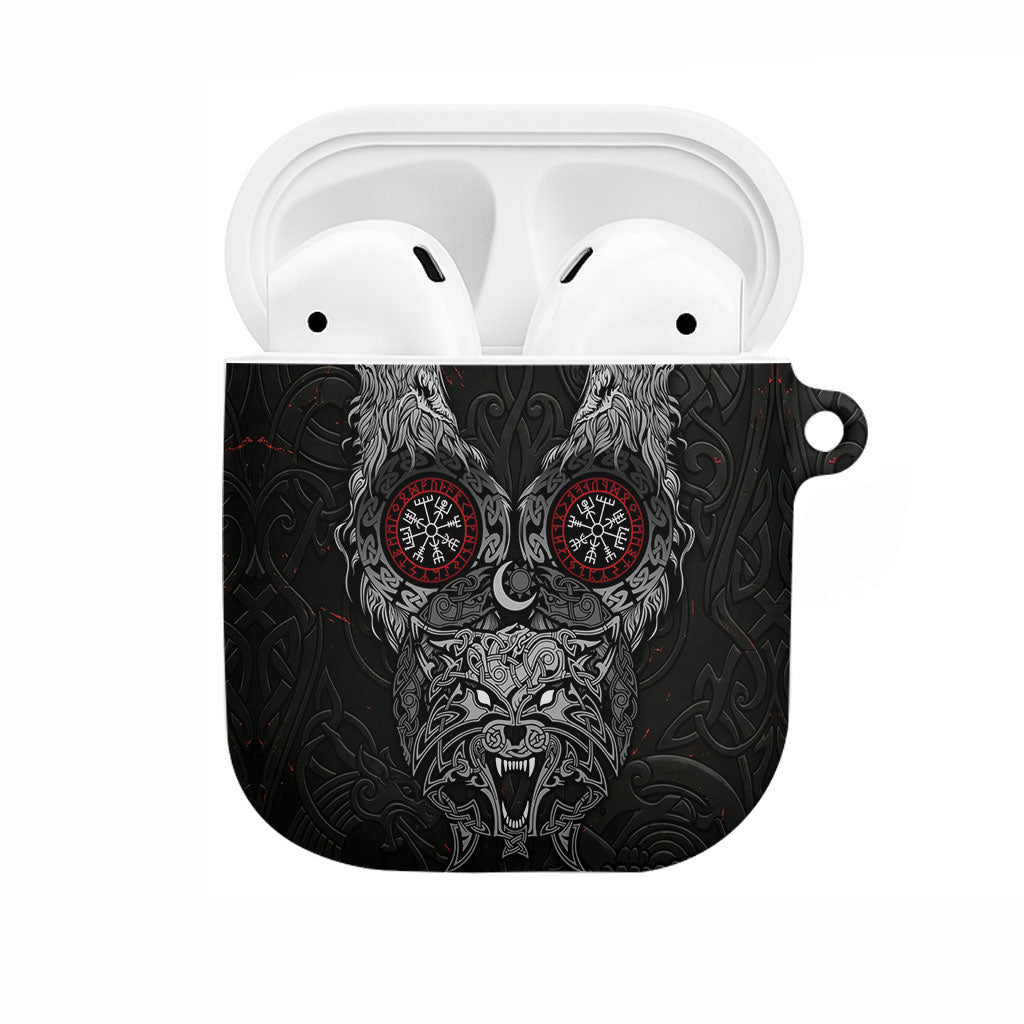 Fenrir Wolf and Vegvisir Viking AirPods Case Nordic Celtic Knotwork Black and Red Tribal Art