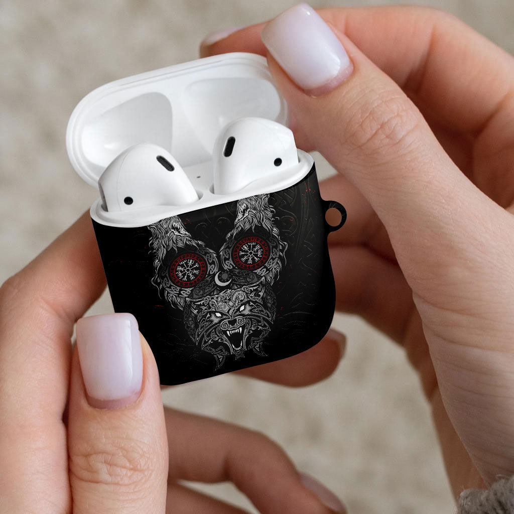 Fenrir Wolf and Vegvisir Viking AirPods Case Nordic Celtic Knotwork Black and Red Tribal Art