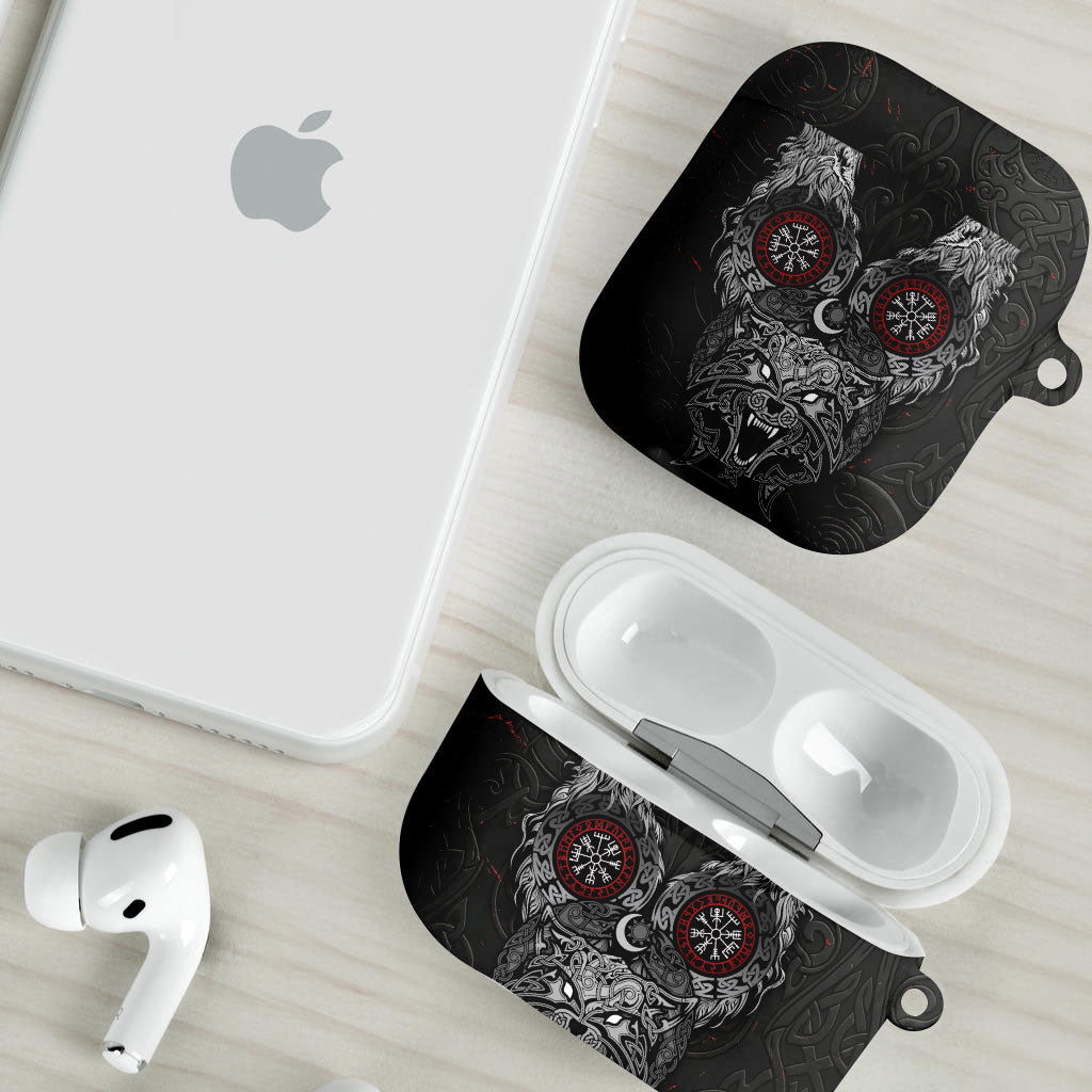 Fenrir Wolf and Vegvisir Viking AirPods Case Nordic Celtic Knotwork Black and Red Tribal Art