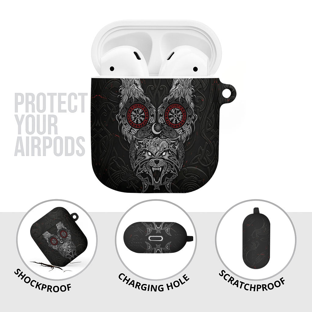 Fenrir Wolf and Vegvisir Viking AirPods Case Nordic Celtic Knotwork Black and Red Tribal Art