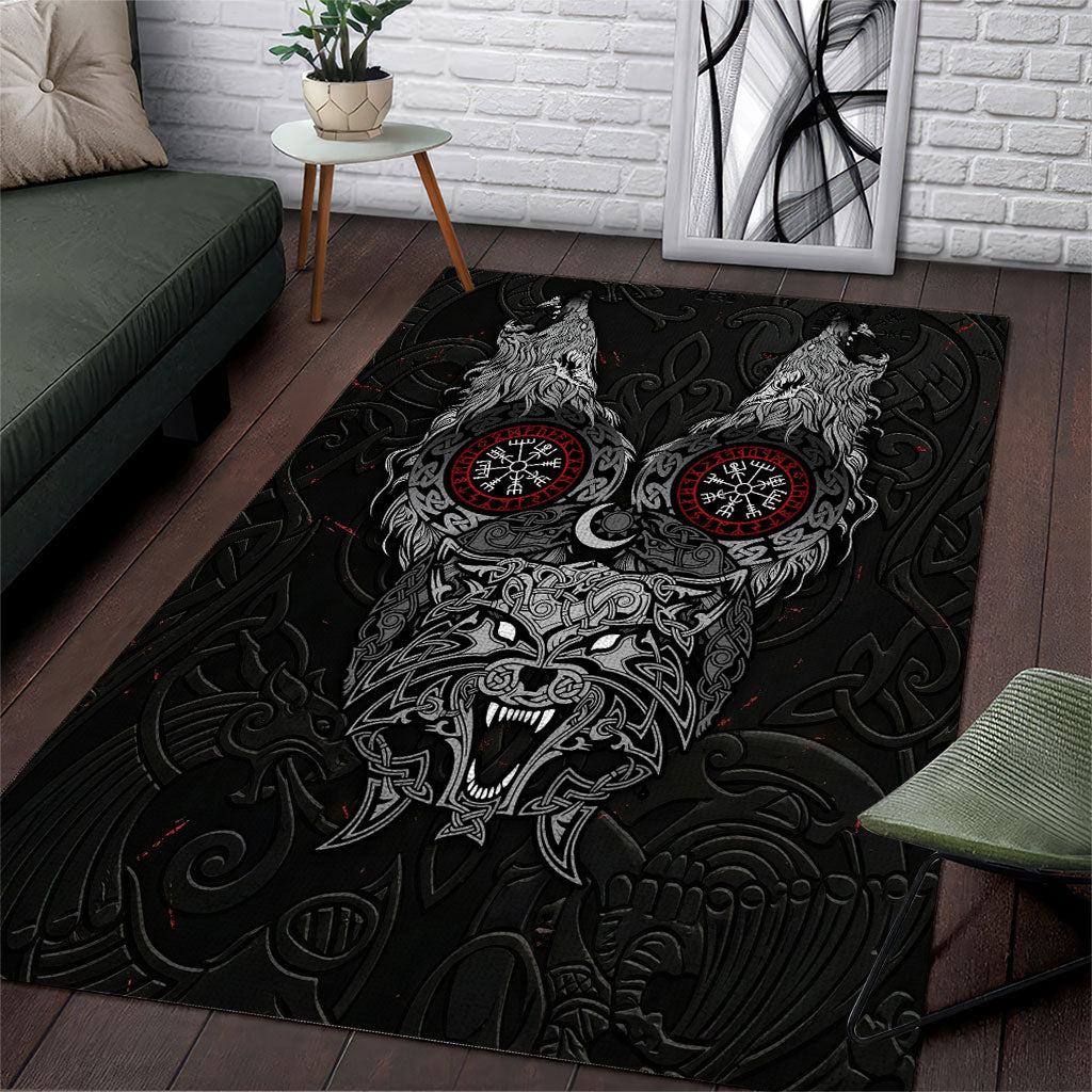 Fenrir Wolf and Vegvisir Viking Area Rug Nordic Celtic Knotwork Black and Red Tribal Art