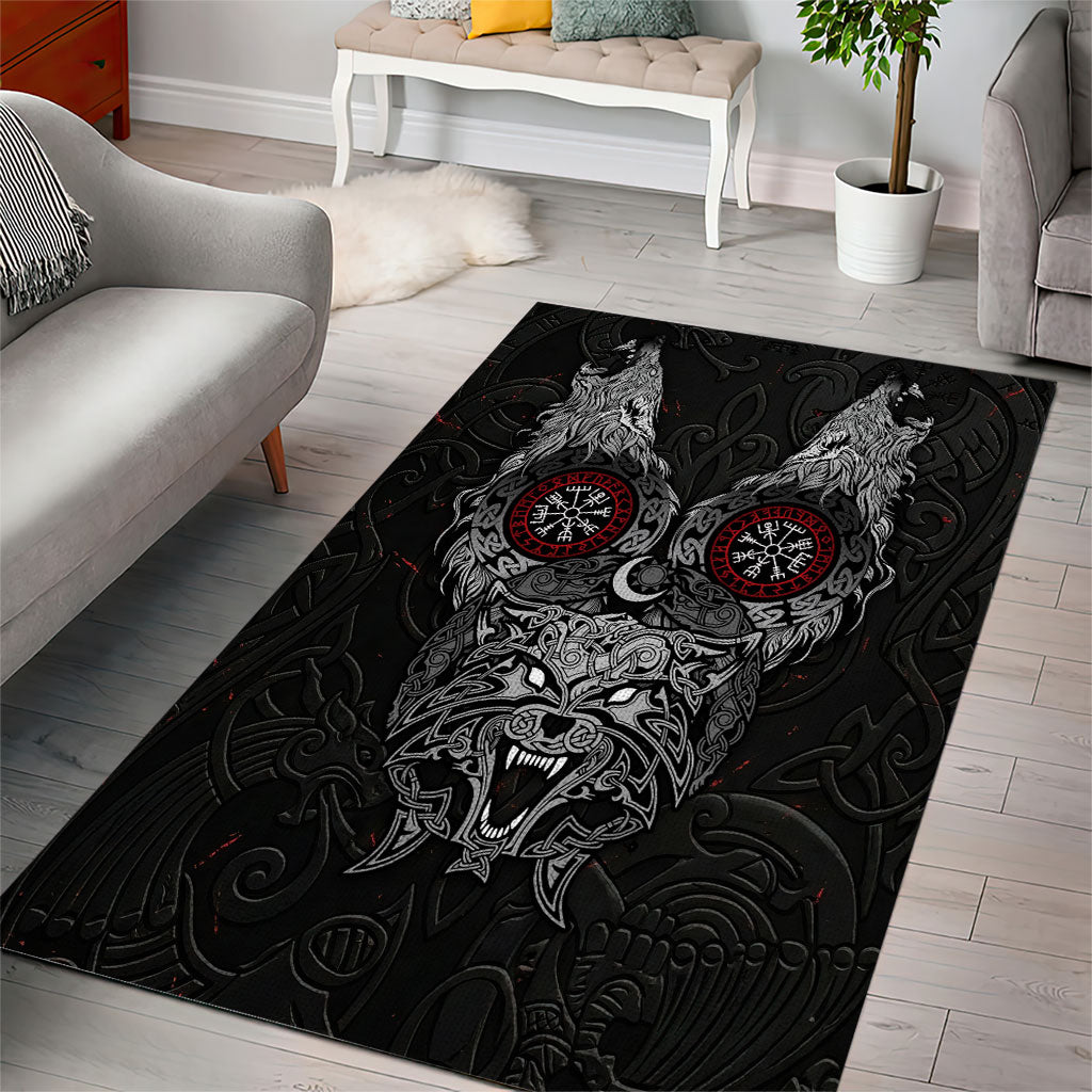 Fenrir Wolf and Vegvisir Viking Area Rug Nordic Celtic Knotwork Black and Red Tribal Art