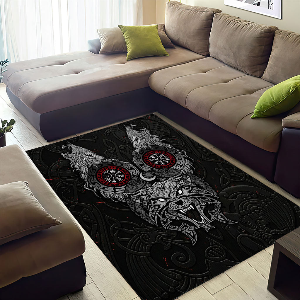 Fenrir Wolf and Vegvisir Viking Area Rug Nordic Celtic Knotwork Black and Red Tribal Art