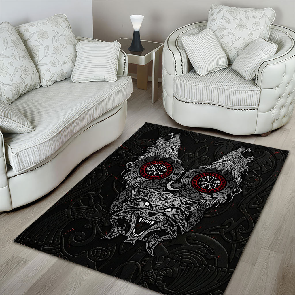 Fenrir Wolf and Vegvisir Viking Area Rug Nordic Celtic Knotwork Black and Red Tribal Art