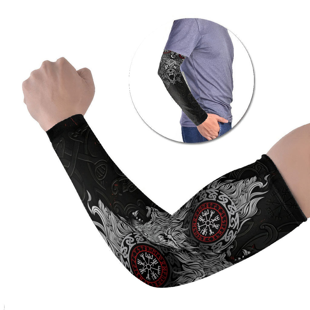 Fenrir Wolf and Vegvisir Viking Arm Sleeves Nordic Celtic Knotwork Black and Red Tribal Art