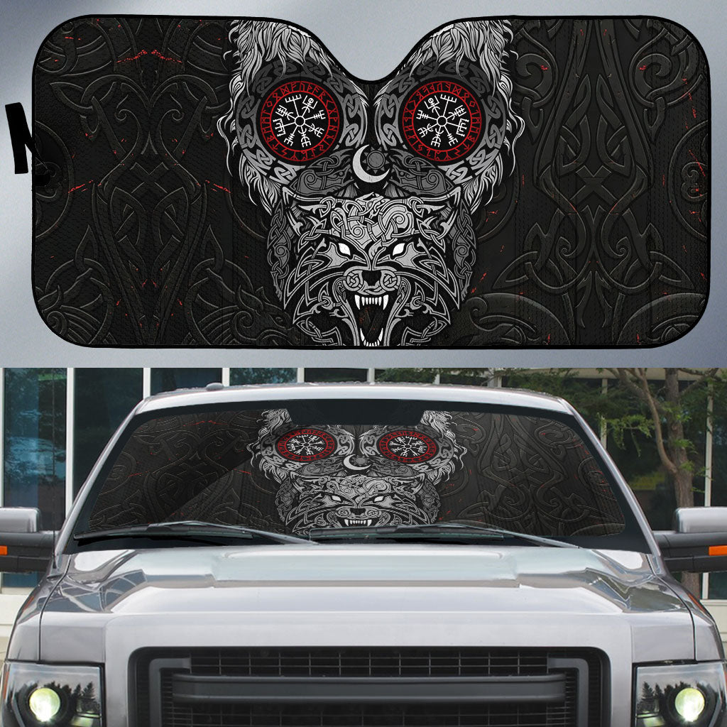 Fenrir Wolf and Vegvisir Viking Auto Sun Shade Nordic Celtic Knotwork Black and Red Tribal Art