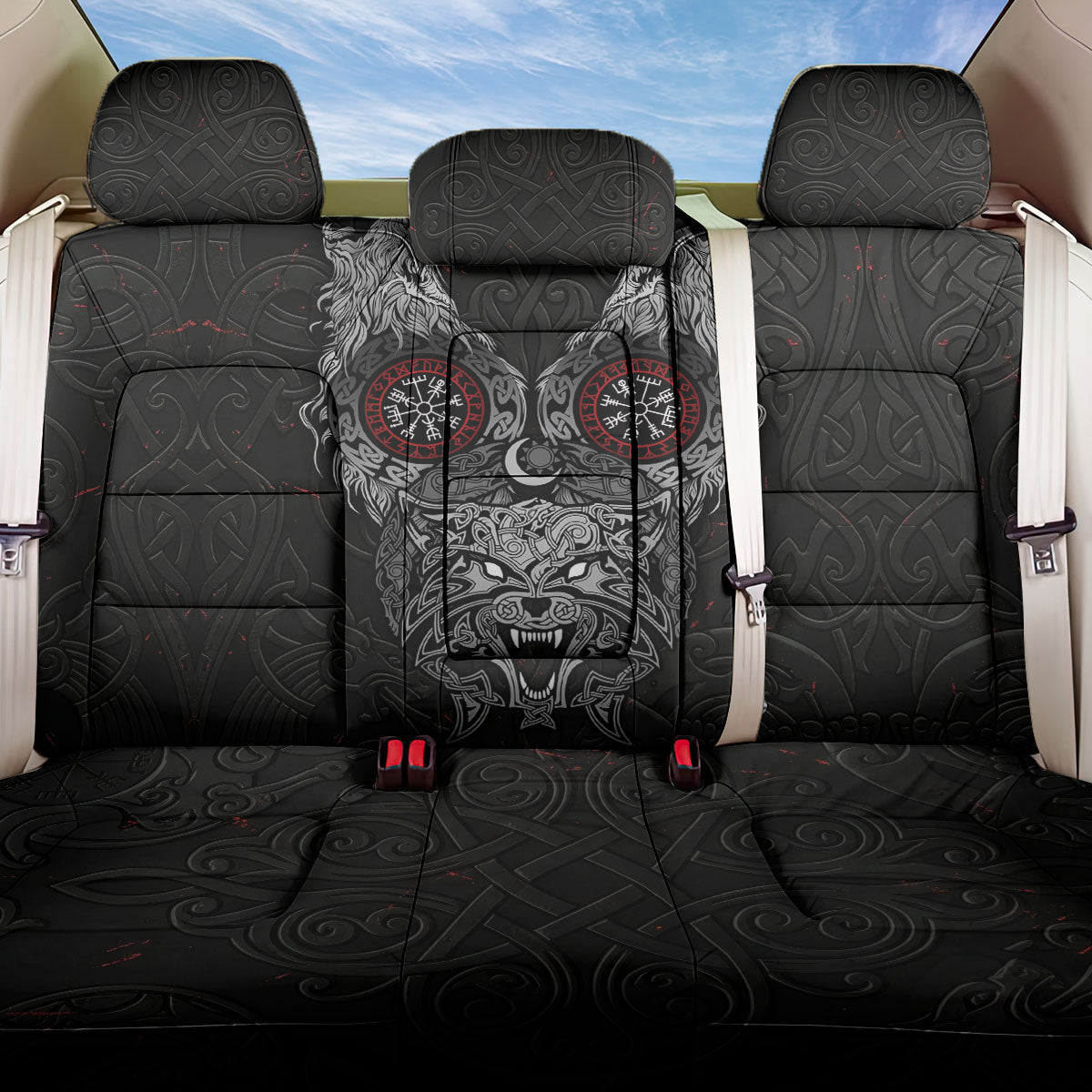 Fenrir Wolf and Vegvisir Viking Back Car Seat Cover Nordic Celtic Knotwork Black and Red Tribal Art