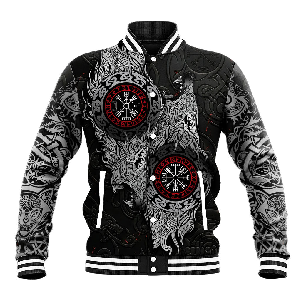 Fenrir Wolf and Vegvisir Viking Baseball Jacket Nordic Celtic Knotwork Black and Red Tribal Art
