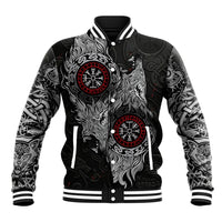 Fenrir Wolf and Vegvisir Viking Baseball Jacket Nordic Celtic Knotwork Black and Red Tribal Art