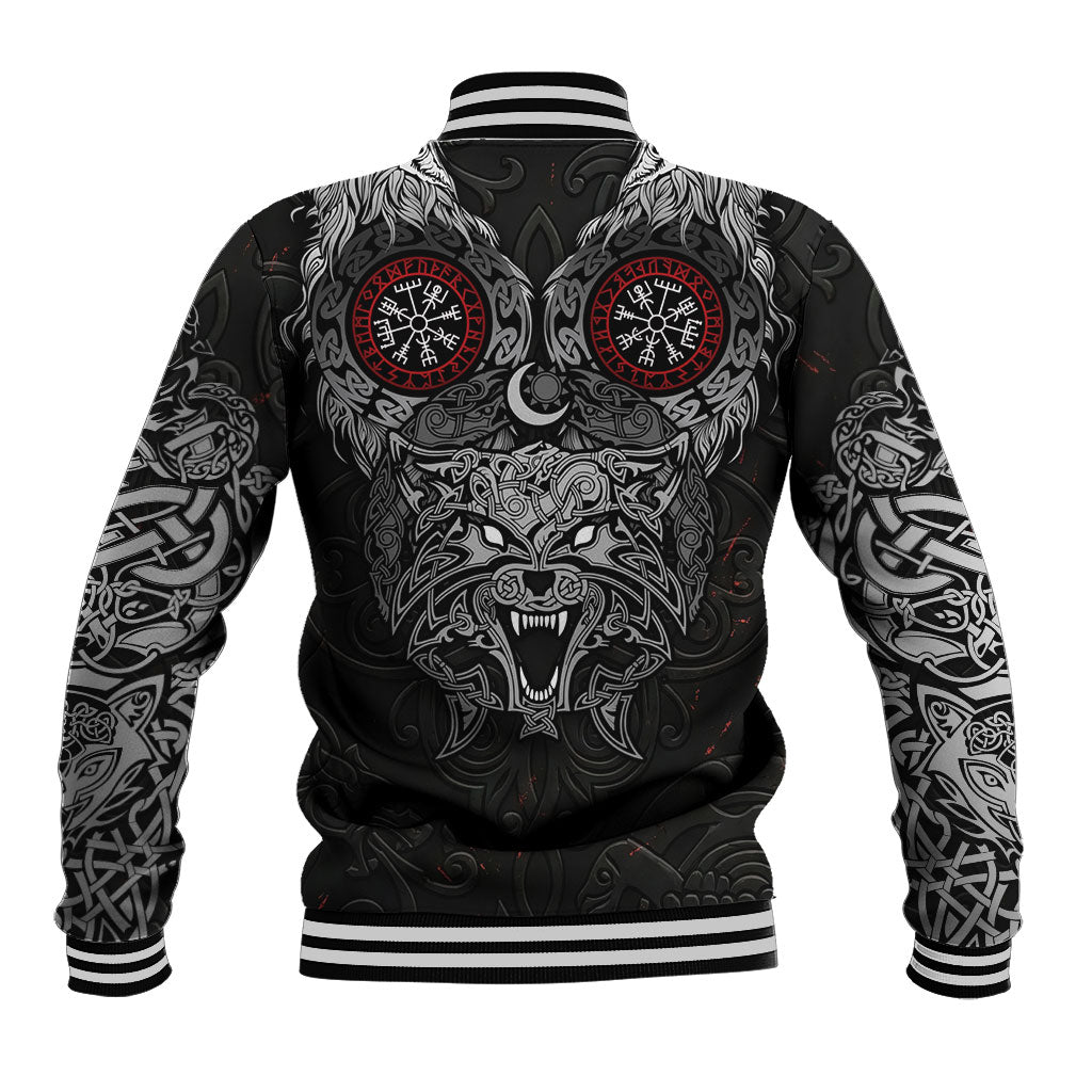 Fenrir Wolf and Vegvisir Viking Baseball Jacket Nordic Celtic Knotwork Black and Red Tribal Art