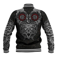 Fenrir Wolf and Vegvisir Viking Baseball Jacket Nordic Celtic Knotwork Black and Red Tribal Art