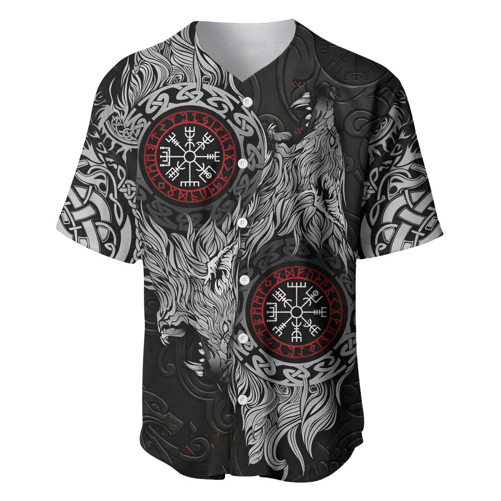 Fenrir Wolf and Vegvisir Viking Baseball Jersey Nordic Celtic Knotwork Black and Red Tribal Art